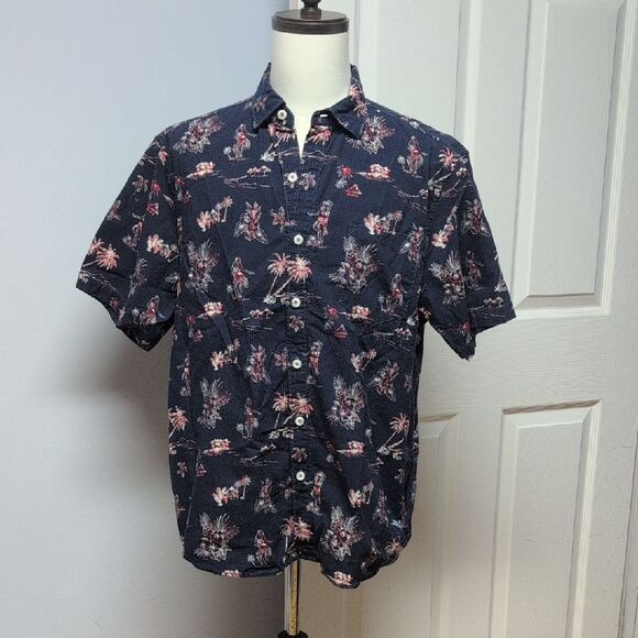 Tommy Bahama Other - Tommy Bahama Dark Blue Turtles Hula Girl Palm Trees Cotton Button Down Sz L